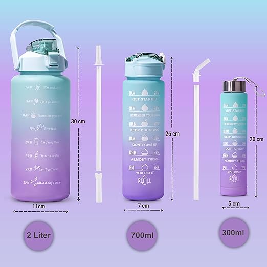 3 x Drinking Bottle 2 L + 900 ml + 500 ml with Straw Water Bottle
